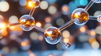 Glowing molecular structure with glass spheres connected by silver rods against blurred bokeh background, scientific concept visualization for chemistry and research.
