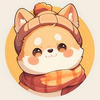 Adorable kawaii shiba inu puppy wearing winter hat and plaid scarf, illustrated in soft pastel colors with round yellow background, cute anime style character design.