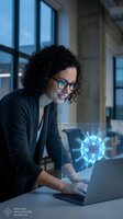 Female scientist analyzing virus structure on laptop with holographic display in modern laboratory for medical research and biotechnology innovation.