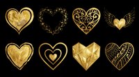 Golden heart shapes collection featuring eight decorative designs isolated on transparent background, ready for t-shirt designs, clipart, stickers, sublimation, print-on-demand products and digital crafts.