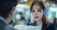 Young Asian woman with surprised expression holding open book during business meeting in modern office environment with bokeh background.