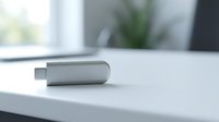 Modern gray USB-C flash drive on white desk in bright office workspace for data storage and file transfer solutions.