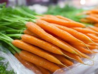 Fresh organic carrots with green tops on wet surface, macro view of raw vegetables. Natural healthy food background for cooking and nutrition.