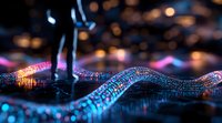 Glowing neon blue and pink waves flow across dark surface creating futuristic abstract pattern with bokeh lights and reflective elements in macro photography.