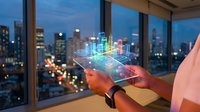 Woman using holographic smartphone technology with digital interface projection in modern office overlooking illuminated city skyline at dusk.
