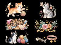 Cute kittens and cats with floral elements, isolated on transparent background. Ready for t-shirt designs, stickers, clipart, sublimation, print-on-demand products and crafts.