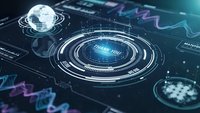 Futuristic holographic interface with glowing circular elements and data visualization on dark background for technology presentations.