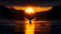 Majestic whale tail silhouette breaking through ocean surface at sunset, dramatic orange sky reflects on dark rippling water creating mystical atmosphere.
