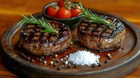 Grilled beef steaks with rosemary sprigs, sea salt, peppercorns and fresh cherry tomatoes served on rustic wooden board. Gourmet restaurant cuisine.