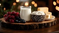 Fresh dairy products with berries and cheese arranged on rustic wooden board against warm bokeh lights background for holiday entertaining.