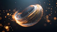 Glowing golden light trails form dynamic spiral shape against dark background with sparkling particles and bokeh effects creating magical atmosphere.