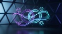 Abstract neon infinity symbol with glowing purple and cyan loops, gears, and geometric shapes on dark tech background for digital innovation concepts.