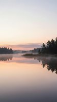 Serene lake at sunrise with mist rising from calm water, forested shoreline, and soft pink sky reflecting on glassy surface. Peaceful nature landscape for wellness and meditation projects.