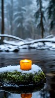 Glowing candle on snowy moss rock in winter forest stream, creating peaceful ambiance for meditation and mindfulness practices.