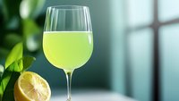 Fresh lemon cocktail in elegant wine glass with citrus fruit on light background, refreshing summer drink with bright yellow-green color.
