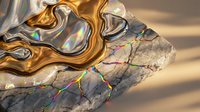 Abstract liquid gold flowing over cracked stone surface with iridescent rainbow reflections creating luxurious artistic composition for modern design projects.