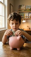 Young boy with curly brown hair and light skin tone inserting money into pink piggy bank at wooden table in bright home interior with shelves and window light, teaching financial literacy and savings habits.