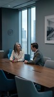 Two professionals engage in conversation at a wooden conference table in a modern high-rise office with floor-to-ceiling windows overlooking the city skyline. Suitable for business, corporate communications, and workplace concepts.
