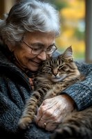 Senior Asian woman with silver hair and glasses embracing sleepy tabby cat in cozy gray sweater, expressing joy and companionship in warm natural lighting.