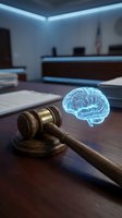 Wooden gavel with glowing blue brain hologram in modern courtroom representing artificial intelligence in legal system and judicial technology innovation.