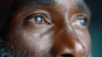 Close up portrait of African American male with striking blue eyes against dark background, dramatic lighting emphasizes facial features and intense gaze.
