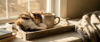Fluffy tabby cat resting on wooden tray with ceramic mug by sunny window, cozy home interior with blanket and books.