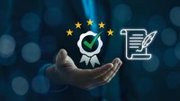 Professional businessman hand presenting quality certification badge with EU stars and contract document icons on blue bokeh background for compliance services.