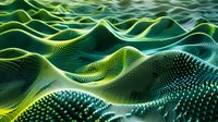 Abstract digital landscape with flowing green and blue waves forming undulating terrain, dotted surface creating depth and dimension for technology or data visualization.
