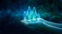 Glowing holographic family silhouettes floating above protective cupped hands against starry cosmic background for insurance and healthcare concepts.