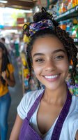 Young African American woman with natural curly hair and colorful headband smiling brightly while wearing purple overalls and white t-shirt in retail environment.