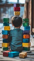 Young boy in teal shirt sitting on wooden floor, stacking colorful wooden blocks in two towers. Back view captures childhood exploration and development through play.