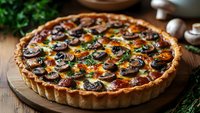 Savory mushroom quiche with golden crust on wooden board, garnished with fresh herbs and surrounded by raw mushrooms for gourmet meal preparation.