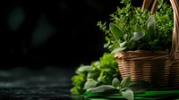 Fresh aromatic herbs and sage leaves in woven basket against dark background, selective focus with copy space for culinary and cooking concepts.
