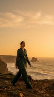 Woman in olive blazer walking on rocky coastal cliff at golden hour sunset, gazing toward ocean horizon with dramatic sky and sea stacks in background.