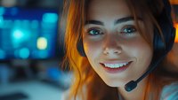 Young woman with headset smiling at computer screen in dark room illuminated by blue monitor glow and warm accent lighting, professional customer service setting.