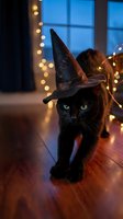 Black cat wearing witch hat with glowing green eyes surrounded by warm string lights on wooden floor creating magical Halloween atmosphere indoors.