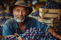 Senior Caucasian farmer with white beard wearing denim shirt and hat smiles while sorting fresh purple grapes in wooden crates at local market or vineyard.