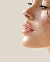 Close-up profile of woman with glossy pink lips and glowing skin with sparkly highlighter against neutral beige background, perfect for beauty advertising.