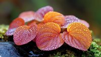 Vibrant orange and pink mushrooms with delicate water droplets growing on moss covered ground in dark forest setting, macro nature photography showing morning dew details.
