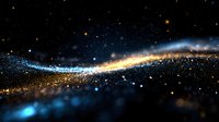 Glowing cosmic dust and stars create magical light trail in deep space, with blue and golden particles floating in dark universe background.