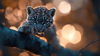 Young snow leopard cub resting on tree branch against blurred golden bokeh lights background, dramatic wildlife portrait in blue and orange tones.