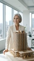 Senior woman architect presenting residential high-rise building model in modern office with city skyline view. Professional displaying development project for real estate, construction, urban planning.
