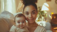 Young African American mother with curly hair holding mixed race baby at home, both smiling warmly at camera. Cozy evening atmosphere with soft lighting creates heartwarming family moment.