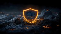 Glowing orange shield protection symbol on dark rocky terrain with embers and smoke, dramatic lighting creates mystical cybersecurity concept atmosphere.