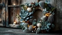 Rustic succulent wreath with cacti, pinecones and dried flowers on weathered wooden background for home decor and seasonal decoration projects.