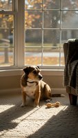 Cozy winter scene with adorable brown and white dog sitting by window watching snowfall in warm sunlit living room with armchair and carpet.