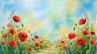 Watercolor poppy field with red flowers blooming along countryside path under soft blue sky. Artistic floral landscape for spring and summer nature designs.