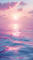 Dreamy pink and purple sunset over calm ocean waters with soft clouds and sun reflection creating magical pastel colors on rippling surface.