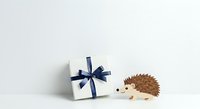 Isolated gift box with navy blue ribbon bow and small hedgehog figurine on white background, ready for design, greeting cards, and holiday marketing materials.
