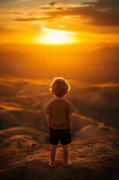 Young boy standing alone watching golden sunset over ocean waves from rocky shore creating peaceful contemplative moment with warm atmospheric lighting.